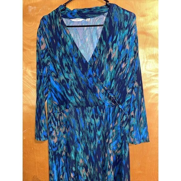 Liz Claiborne Size 2X Long Sleeve Faux Wrap Sheath Dress Blue Peacock Ikat Print - Picture 13 of 15